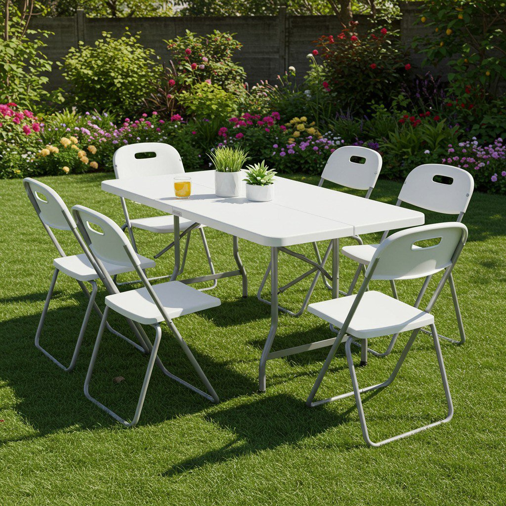 Combo mesa + 6 sillas plegables listo para fiestas